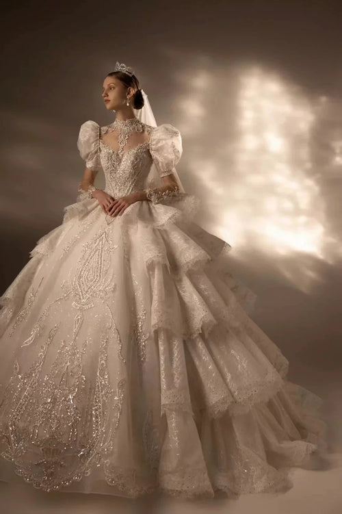 Regal High Neck Puff Sleeve Tulle Wedding Dress with Sequin Embroidery & Layered Ruffle Train Q6020 by ZAPDRESS