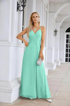 Ladies Chiffon Spaghetti Strap V Neck Front Slit Floor Length Bridesmaid Evening Dress Prom Party Wedding Evening Dress 28116 by numbersea