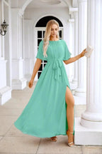 Ladies Chiffon Sleeve Crew Neck Front Slit Floor Length Bridesmaid Evening Dress Wedding Party Evening Dress 28124 by numbersea