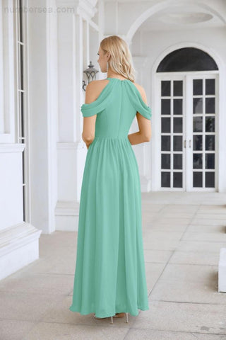 Ladies Chiffon Off Shoulder Swing Sleeve Front Slit Bridesmaid Evening Dress Wedding Party Evening Dress 28117