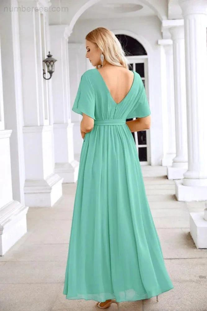 Ladies Chiffon Sleeve Crew Neck Front Slit Floor Length Bridesmaid Evening Dress Wedding Party Evening Dress 28124 by numbersea