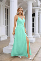 Ladies Chiffon Spaghetti Strap V Neck Front Slit Floor Length Bridesmaid Evening Dress Prom Party Wedding Evening Dress 28116 by numbersea