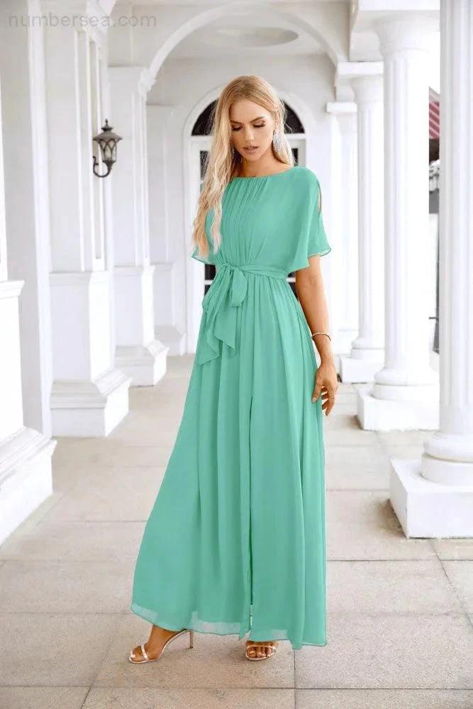Ladies Chiffon Sleeve Crew Neck Front Slit Floor Length Bridesmaid Evening Dress Wedding Party Evening Dress 28124 by numbersea