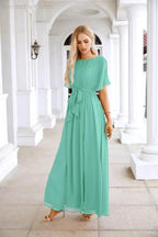 Ladies Chiffon Sleeve Crew Neck Front Slit Floor Length Bridesmaid Evening Dress Wedding Party Evening Dress 28124 by numbersea