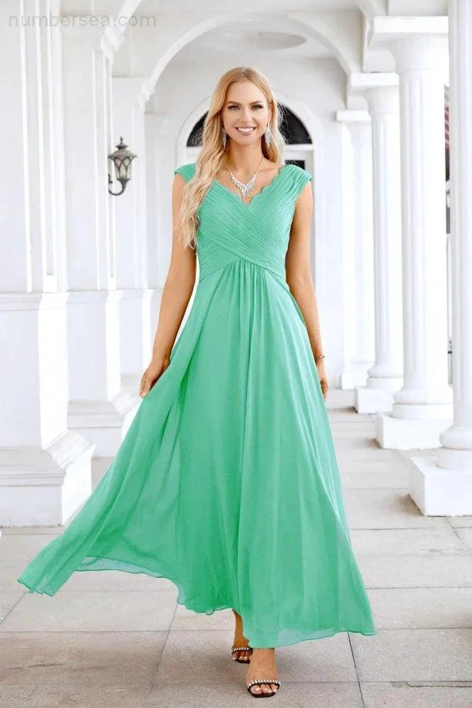 Ladies Chiffon V Neck Sleeveless Floor Length Bridesmaid Evening Dress Wedding Party Evening Dress 28126 by numbersea