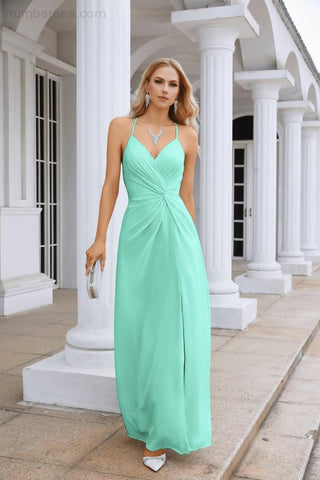 Ladies Chiffon Spaghetti Strap V Neck Front Slit Floor Length Bridesmaid Evening Dress Prom Party Wedding Evening Dress 28116