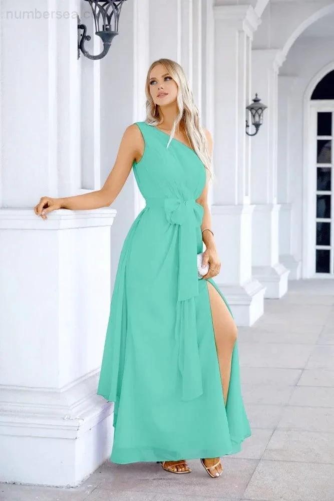 Ladies Chiffon One Shoulder Bridesmaid Evening Dress Wedding Party Evening Dress 28133 by numbersea