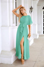 Ladies Chiffon Sleeve Crew Neck Front Slit Floor Length Bridesmaid Evening Dress Wedding Party Evening Dress 28124 by numbersea