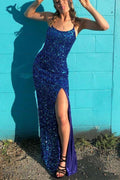 Sparkly Mermaid Scoop Neck Straps Royal Blue Prom Dress With Slit, Evening Dress Y1265 by simplepromdress