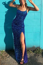 Sparkly Mermaid Scoop Neck Straps Royal Blue Prom Dress With Slit, Evening Dress Y1265 by simplepromdress