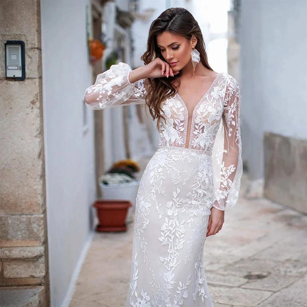 Luxury Backless Tulle Mermaid Wedding Dresses 2022 Long Sleeve Lace Appliques V-neck White Bridal Gown vestidos de novia by payinti