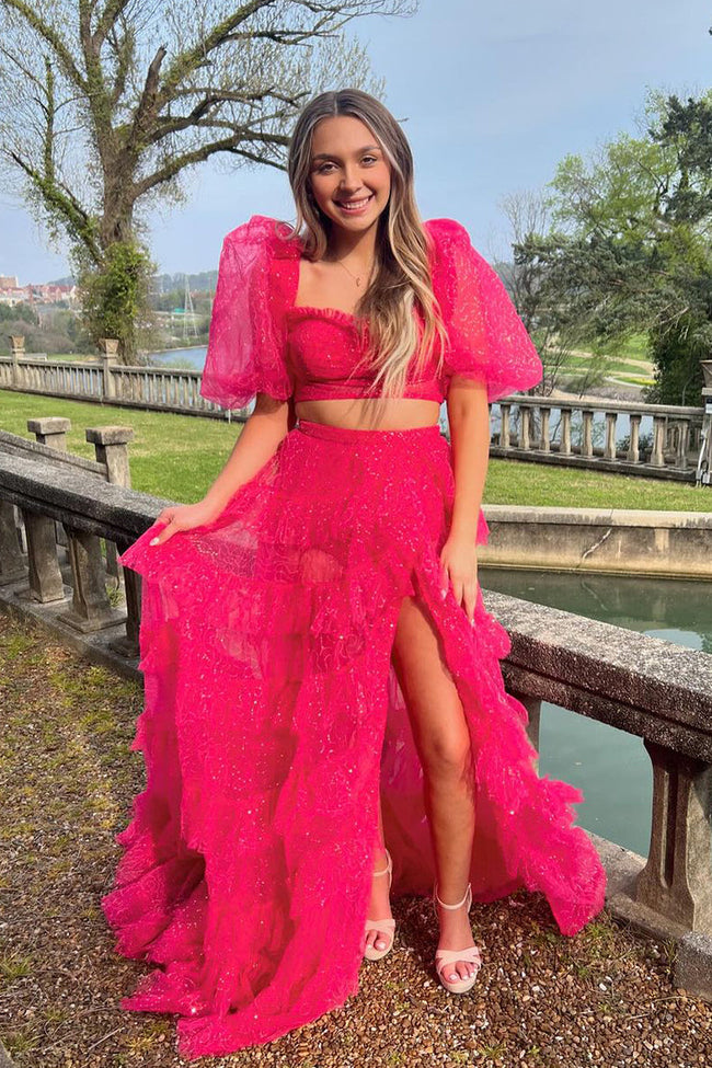Two-Piece Puff Sleeve Ruffle Glitter Tulle Prom Dress with Slit Hover Image