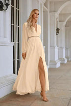 Ladies V Neck Chiffon Long Sleeve Front Slit Bridesmaid Evening Dress Wedding Party Shopping Evening Dress 28109 by numbersea
