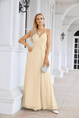 Ladies Chiffon Spaghetti Strap V Neck Front Slit Floor Length Bridesmaid Evening Dress Prom Party Wedding Evening Dress 28116