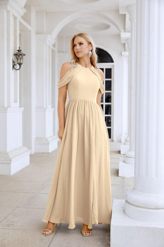 Ladies Chiffon Off Shoulder Swing Sleeve Front Slit Bridesmaid Evening Dress Wedding Party Evening Dress 28117