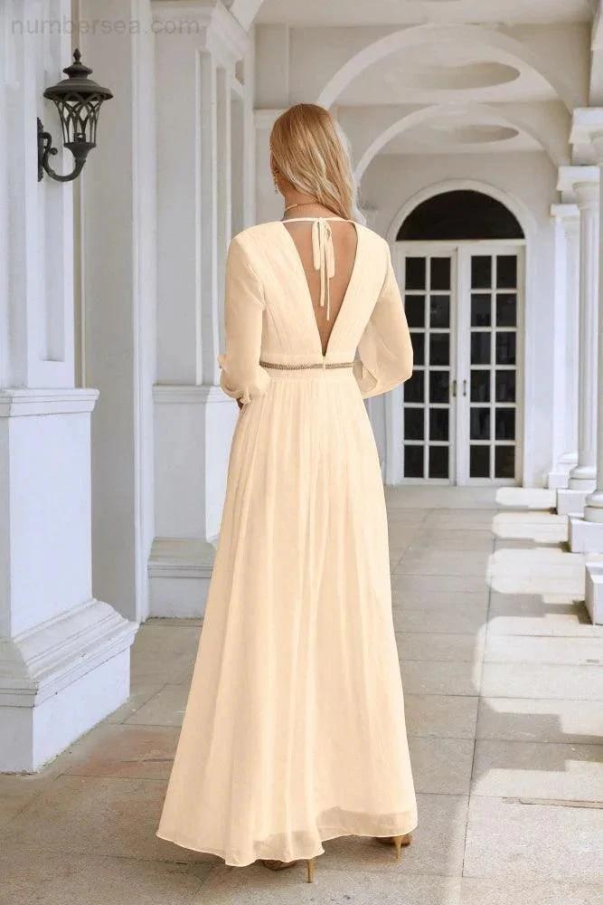 Ladies V Neck Chiffon Long Sleeve Front Slit Bridesmaid Evening Dress Wedding Party Shopping Evening Dress 28109 by numbersea