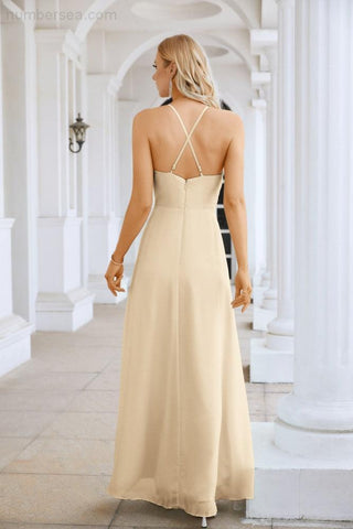 Ladies Chiffon Spaghetti Strap V Neck Front Slit Floor Length Bridesmaid Evening Dress Prom Party Wedding Evening Dress 28116