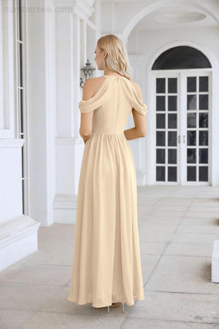 Ladies Chiffon Off Shoulder Swing Sleeve Front Slit Bridesmaid Evening Dress Wedding Party Evening Dress 28117