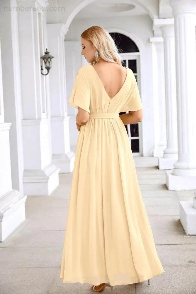Ladies Chiffon Sleeve Crew Neck Front Slit Floor Length Bridesmaid Evening Dress Wedding Party Evening Dress 28124 by numbersea