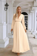 Ladies V Neck Chiffon Long Sleeve Front Slit Bridesmaid Evening Dress Wedding Party Shopping Evening Dress 28109 by numbersea