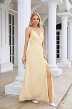 Ladies Chiffon Spaghetti Strap V Neck Front Slit Floor Length Bridesmaid Evening Dress Prom Party Wedding Evening Dress 28116 by numbersea