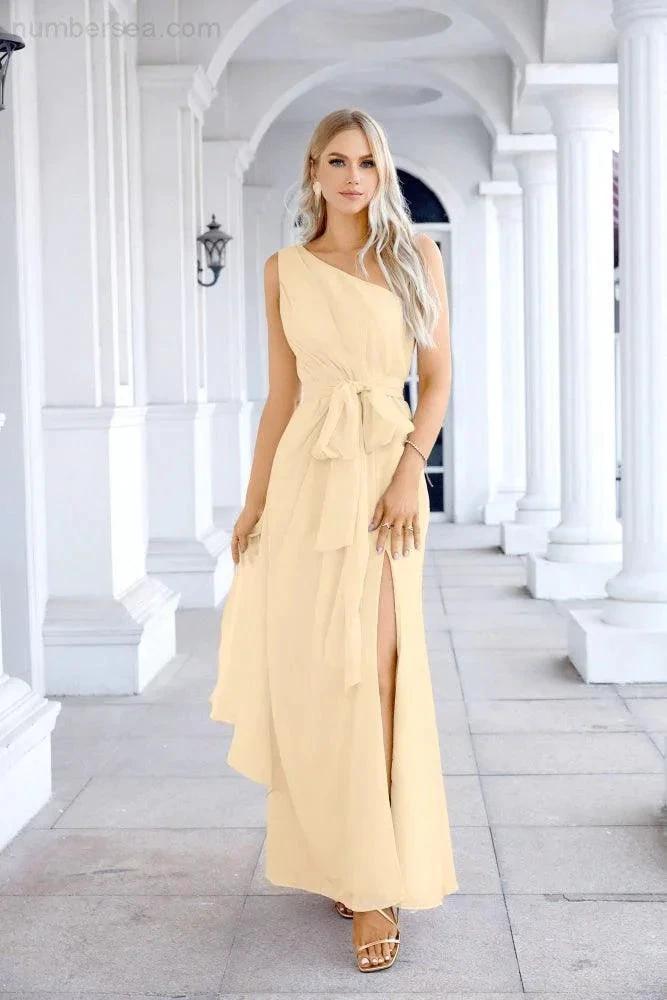 Ladies Chiffon One Shoulder Bridesmaid Evening Dress Wedding Party Evening Dress 28133 by numbersea