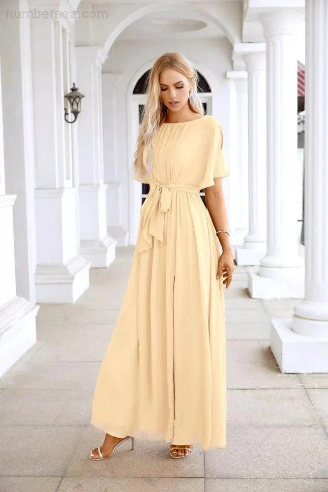 Ladies Chiffon Sleeve Crew Neck Front Slit Floor Length Bridesmaid Evening Dress Wedding Party Evening Dress 28124 by numbersea