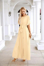 Ladies Chiffon Sleeve Crew Neck Front Slit Floor Length Bridesmaid Evening Dress Wedding Party Evening Dress 28124 by numbersea