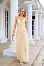 Ladies Chiffon Spaghetti Strap V Neck Front Slit Floor Length Bridesmaid Evening Dress Prom Party Wedding Evening Dress 28116 by numbersea