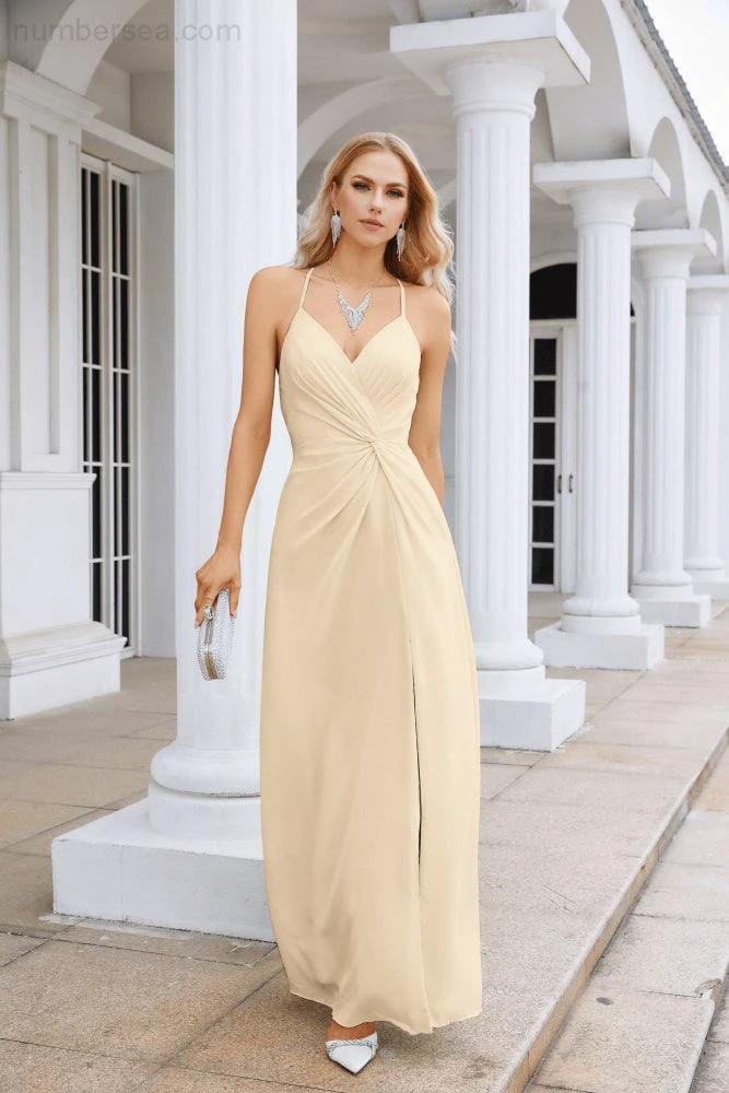 Ladies Chiffon Spaghetti Strap V Neck Front Slit Floor Length Bridesmaid Evening Dress Prom Party Wedding Evening Dress 28116 by numbersea