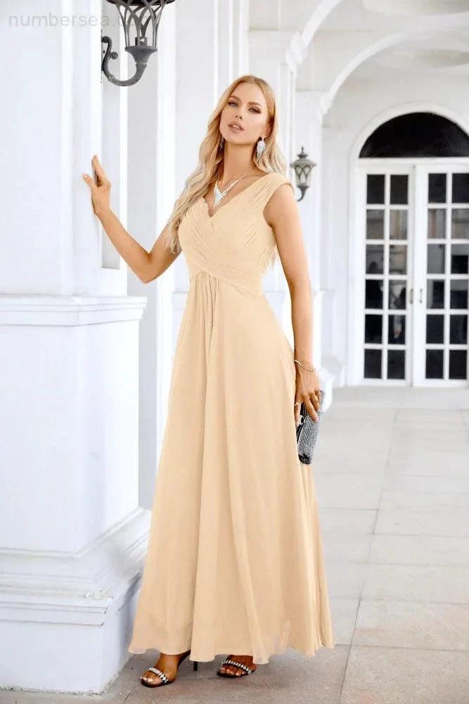 Ladies Chiffon V Neck Sleeveless Floor Length Bridesmaid Evening Dress Wedding Party Evening Dress 28126 by numbersea