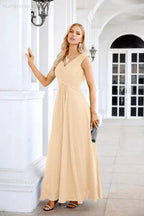 Ladies Chiffon V Neck Sleeveless Floor Length Bridesmaid Evening Dress Wedding Party Evening Dress 28126 by numbersea
