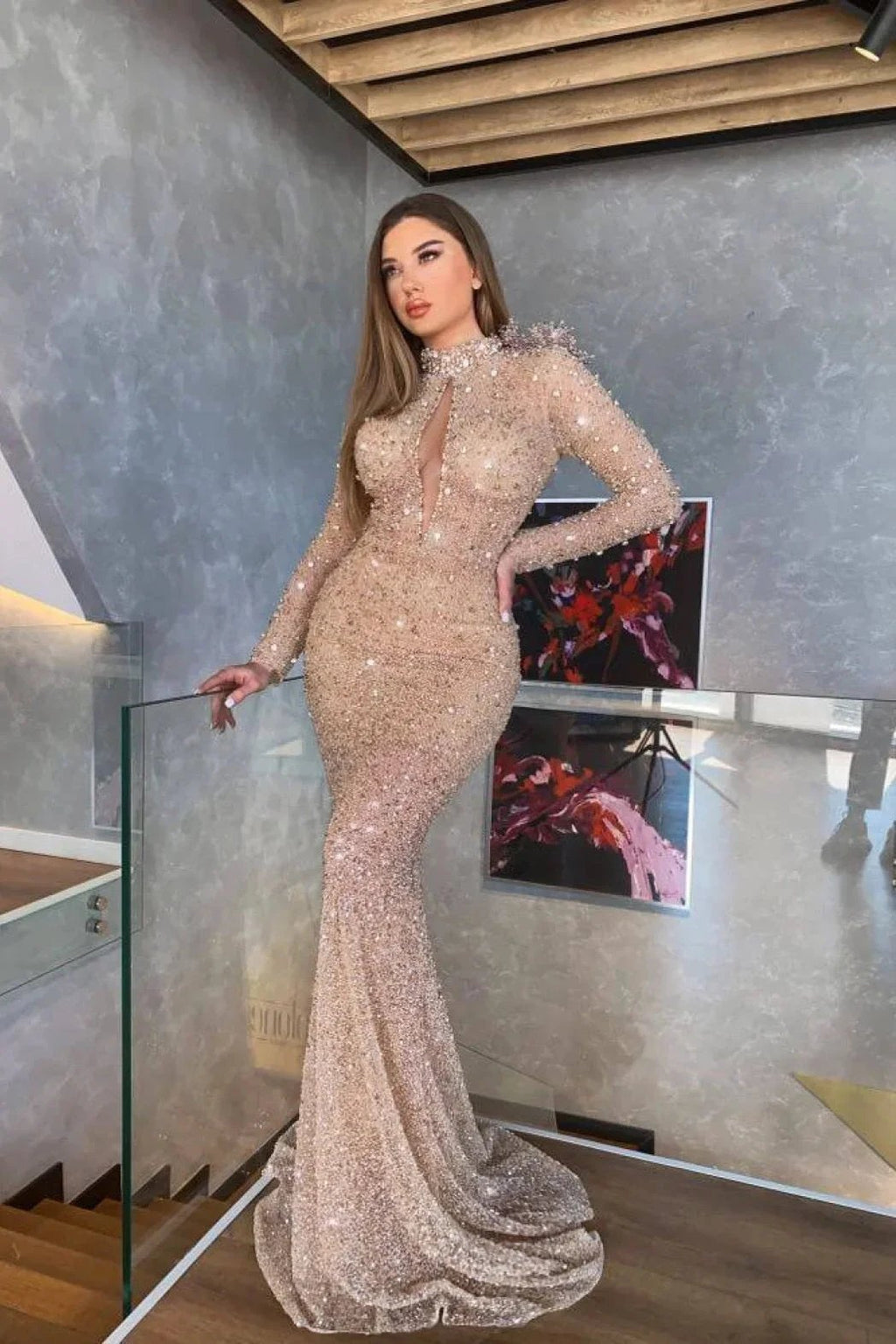 Long Mermaid High Neck Sequins Prom Dress with Sleeves by BIZTUNNEL