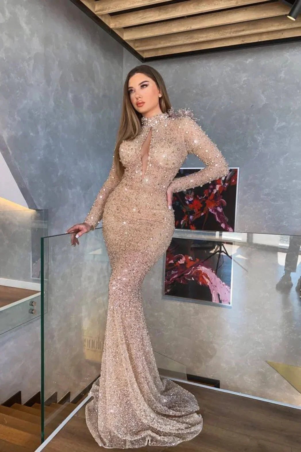 Long Mermaid High Neck Sequins Prom Dress with Sleeves by BIZTUNNEL