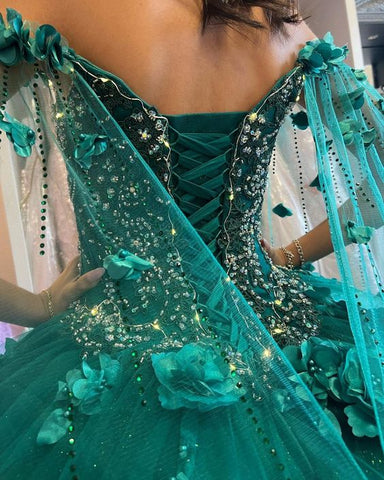 Vestido de quinceañera verde esmeralda con hombros descubiertos y estampado floral, recién llegado, vestido de fiesta para dulces 16, Y1226