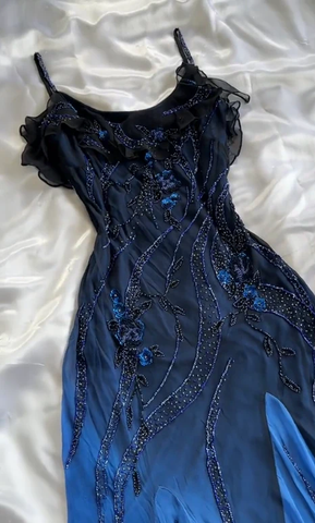 Lujoso vestido de noche de gasa azul marino con cuentas, vestido formal para fiesta de graduación Y7529