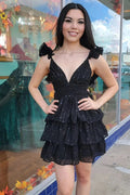 Black V-Neck Ruffle Lace-Up Tiered Short Party Dress by KissProm