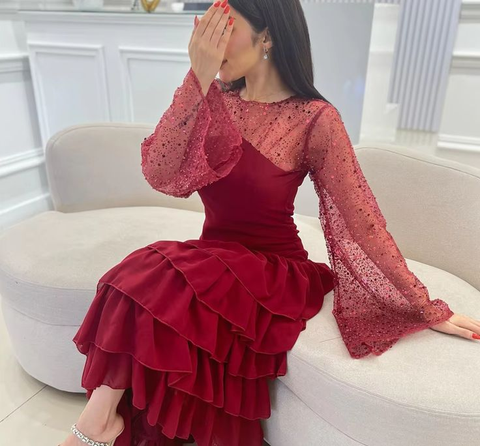 Vestido de fiesta con lentejuelas para mujer, de gasa, con capas, color burdeos, Y7616