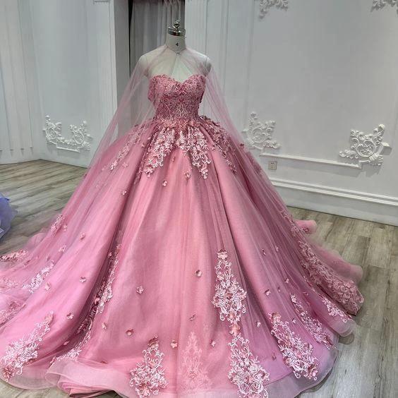 Sweetheart Pink Tulle Lace Ball Gown With Tulle Cape Sweet 16 Dress Y709 by simplepromdress