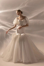 Elegant Mermaid Square Neck Organza Puff Sleeve Satin Wedding Dress with Crystal Trim & Lace-Up Back Q6019 by ZAPDRESS