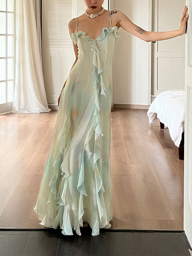 Beautiful Green Chiffon Layered Ruffle Prom Dress Straps Evening Gown Y7897 Hover Image