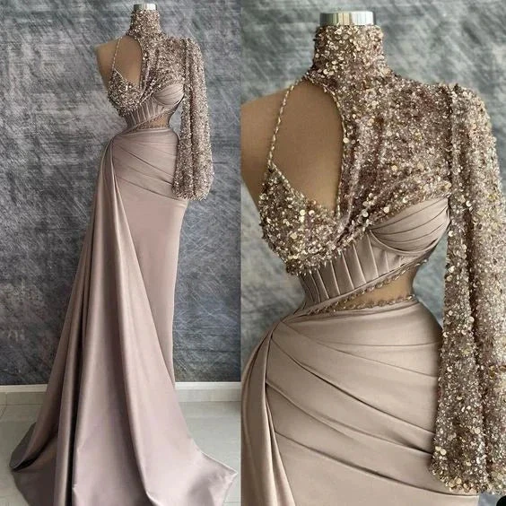 Champagne Prom Dress Beaded Prom Dress Pleats Prom Dress High Neck Evening Dress Y6620 by simplepromdress