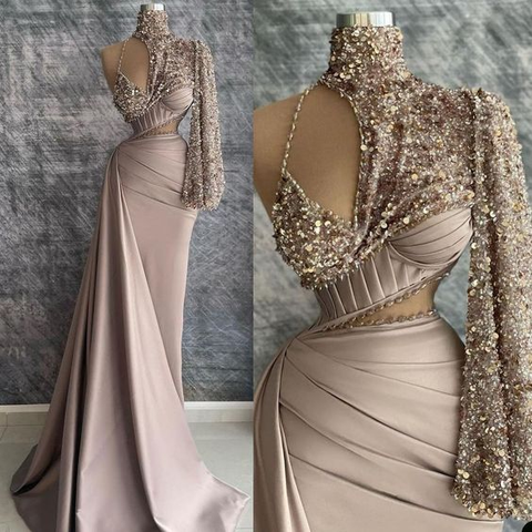Vestido de fiesta champán, con cuentas, plisado y cuello alto, Y6620