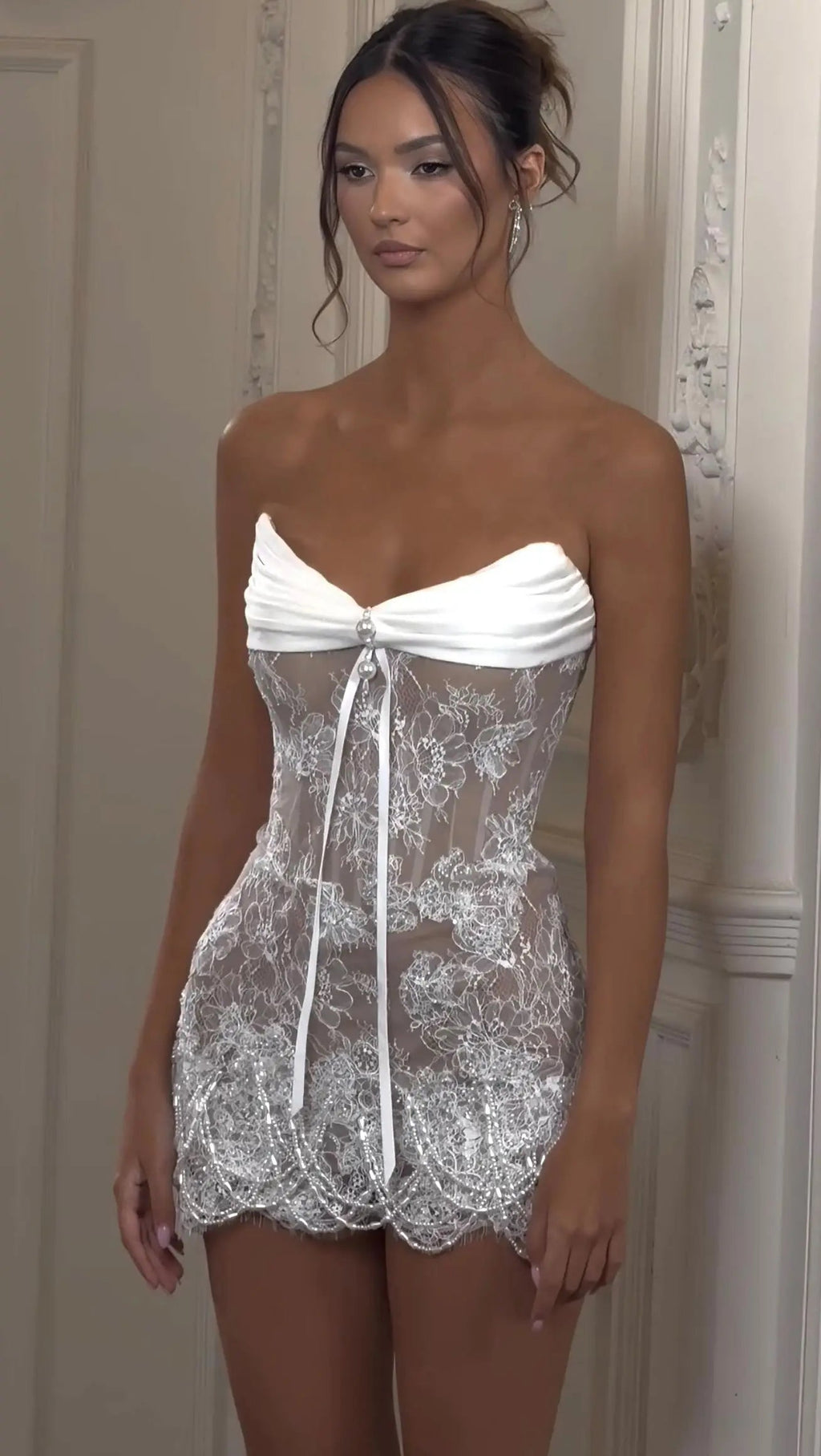 White Strapless Sheer Lace Corset Mini Wedding Dress SW134