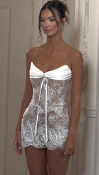 White Strapless Sheer Lace Corset Mini Wedding Dress SW134