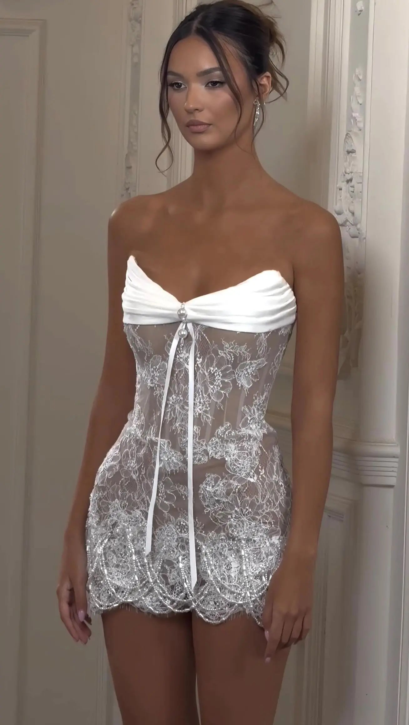 White Strapless Sheer Lace Corset Mini Wedding Dress SW134