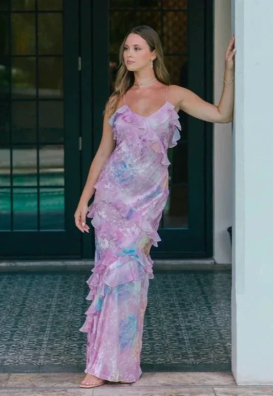 Romantic Spaghetti Straps V Neck Chiffon Print Prom Dress,Charming Evening Dress Y2306 by simplepromdress