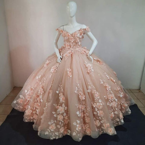 Vestido color melocotón para quinceañeras, vestido de princesa con hombros descubiertos y cordones, vestido de fiesta Y2686