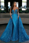 Blue Sequin Embellished Sleeveless Strapless Evening Gown with Detachable Train by BIZTUNNEL