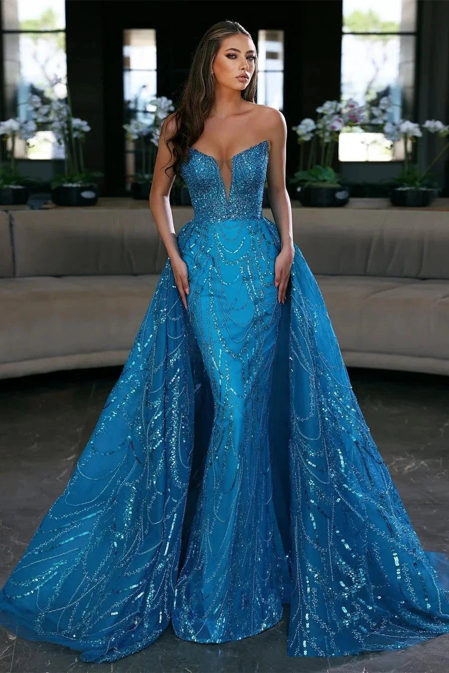 Blue Sequin Embellished Sleeveless Strapless Evening Gown with Detachable Train by BIZTUNNEL